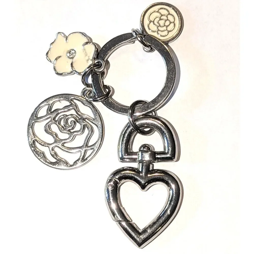 Camellia Flowers Silver Tone Floral Bag Charm Key Chain with Heart Clasp